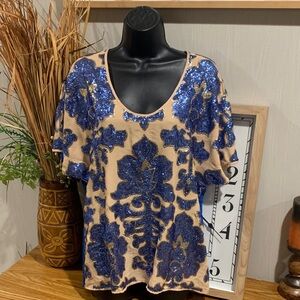 Tracy Reese Blue and Tan Sequin Blouse